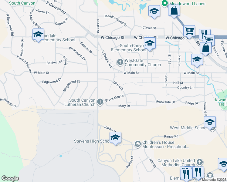 map of restaurants, bars, coffee shops, grocery stores, and more near 628 43rd Ct in Rapid City