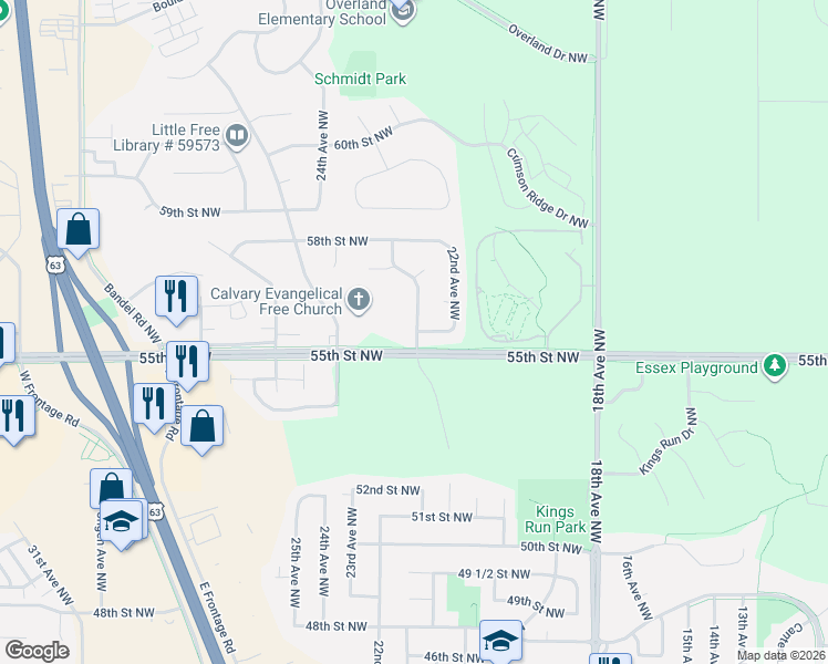 map of restaurants, bars, coffee shops, grocery stores, and more near 5517 23rd Avenue Northwest in Rochester