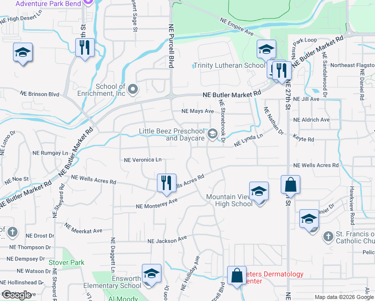 map of restaurants, bars, coffee shops, grocery stores, and more near 2195 Northeast Lynda Lane in Bend