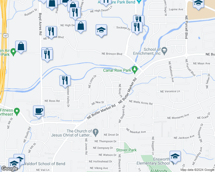map of restaurants, bars, coffee shops, grocery stores, and more near 2969 Northeast Lotno Drive in Bend