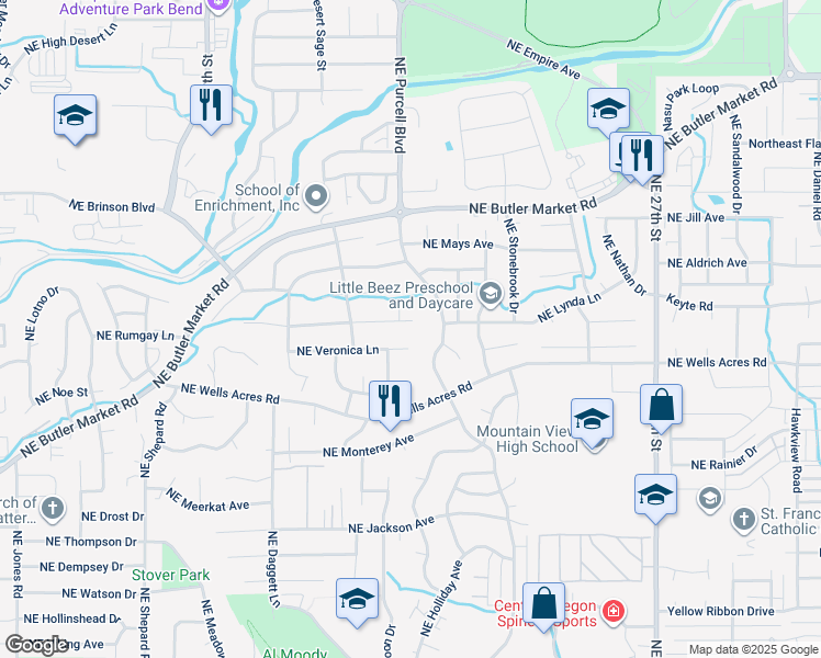 map of restaurants, bars, coffee shops, grocery stores, and more near 2069 Northeast Hollowtree Lane in Bend