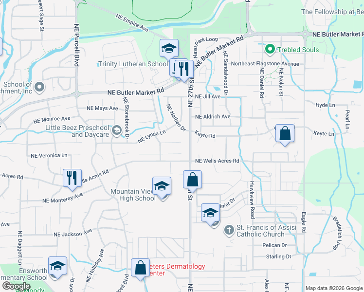 map of restaurants, bars, coffee shops, grocery stores, and more near 2673 Northeast Brandon Court in Bend