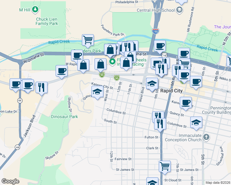 map of restaurants, bars, coffee shops, grocery stores, and more near 705 12th Street in Rapid City