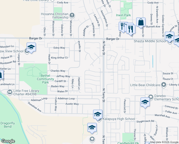 map of restaurants, bars, coffee shops, grocery stores, and more near 5276 Olympic Circle in Eugene