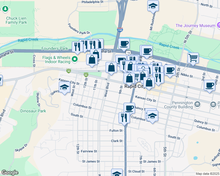 map of restaurants, bars, coffee shops, grocery stores, and more near 928 Kansas City Street in Rapid City