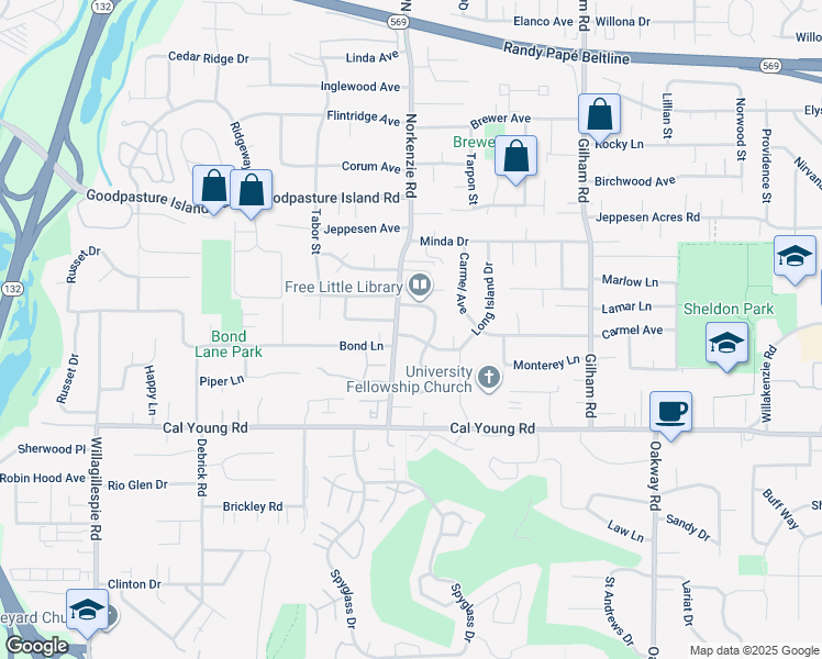 map of restaurants, bars, coffee shops, grocery stores, and more near 1625 Monterey Lane in Eugene