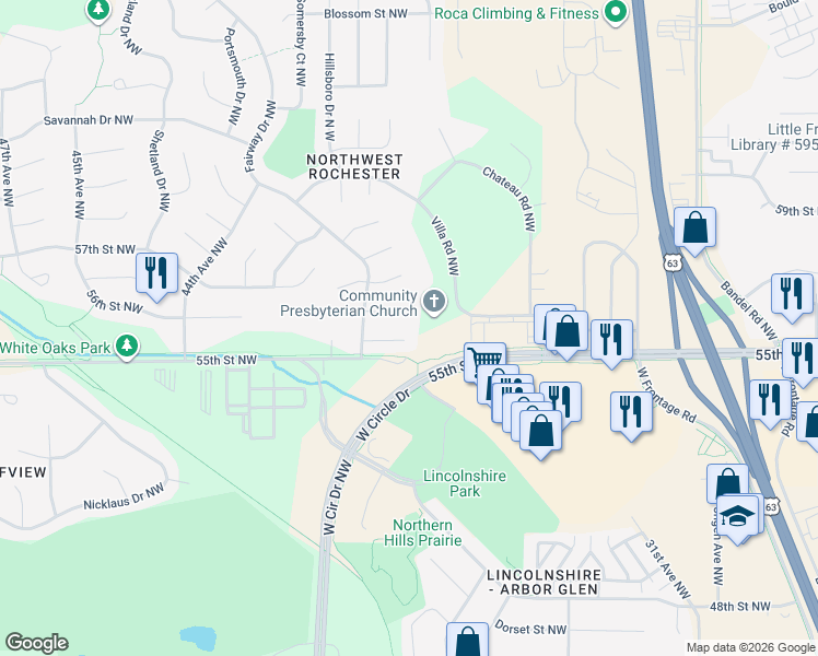 map of restaurants, bars, coffee shops, grocery stores, and more near 3859 Chesapeake Lane Northwest in Rochester