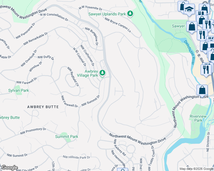 map of restaurants, bars, coffee shops, grocery stores, and more near 2985 Northwest Lucus Court in Bend