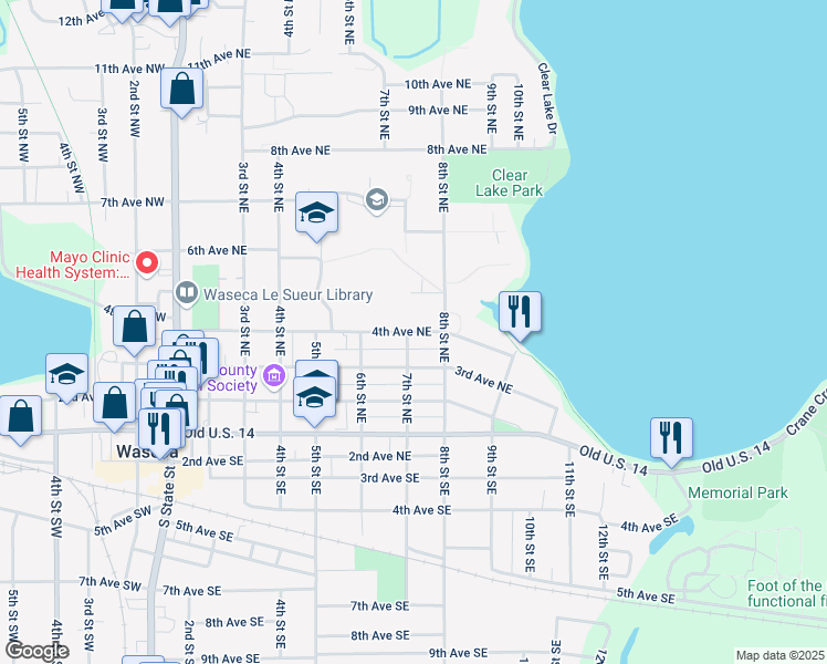 map of restaurants, bars, coffee shops, grocery stores, and more near 717 4th Avenue Northeast in Waseca