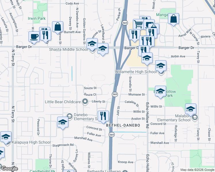 map of restaurants, bars, coffee shops, grocery stores, and more near 4518 Souza Street in Eugene