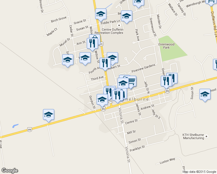 map of restaurants, bars, coffee shops, grocery stores, and more near 120 Second Avenue East in Shelburne
