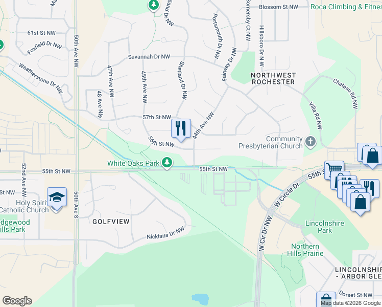 map of restaurants, bars, coffee shops, grocery stores, and more near 4406 56th Street Northwest in Rochester