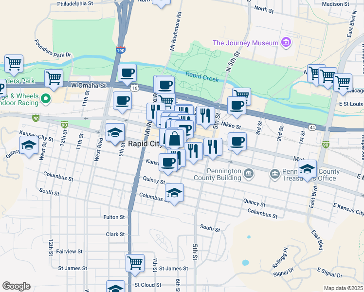 map of restaurants, bars, coffee shops, grocery stores, and more near 627 Main Street in Rapid City