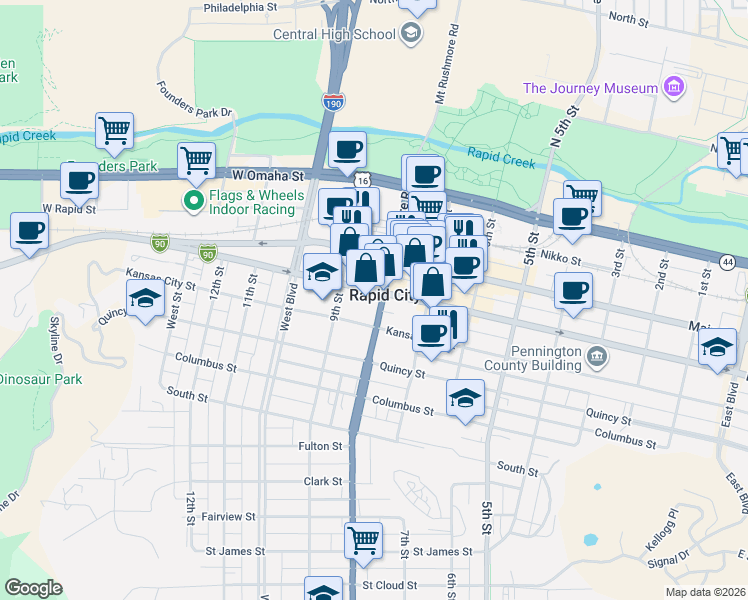 map of restaurants, bars, coffee shops, grocery stores, and more near in Rapid City