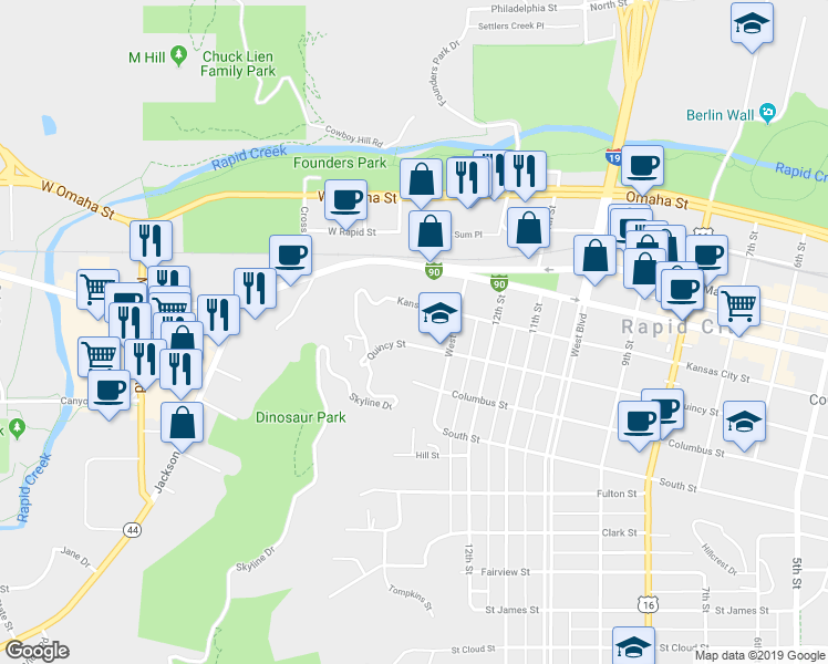 map of restaurants, bars, coffee shops, grocery stores, and more near 1324 Quincy Street in Rapid City