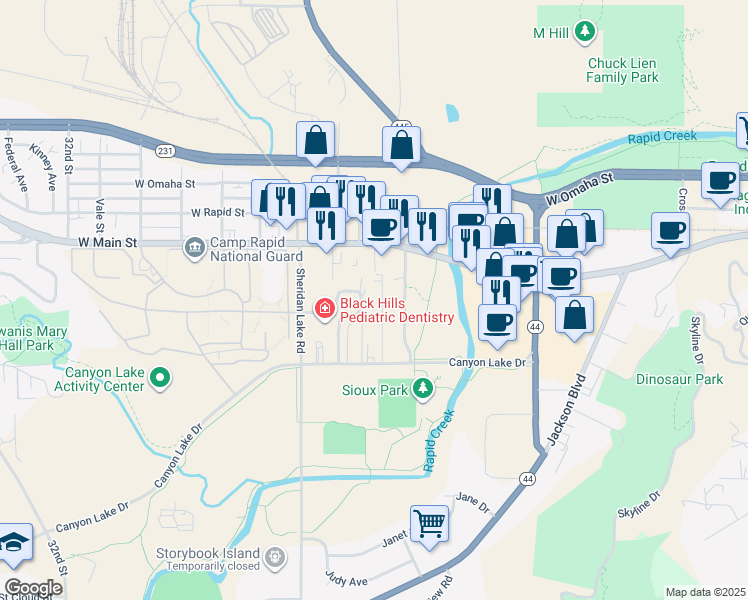 map of restaurants, bars, coffee shops, grocery stores, and more near 616 Harter Drive in Rapid City
