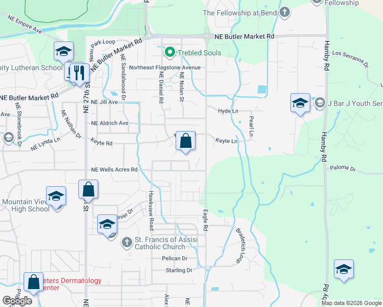 map of restaurants, bars, coffee shops, grocery stores, and more near 62812 Emily Court in Bend