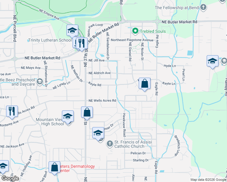map of restaurants, bars, coffee shops, grocery stores, and more near 3016 Northeast Pacific Crest Drive in Bend