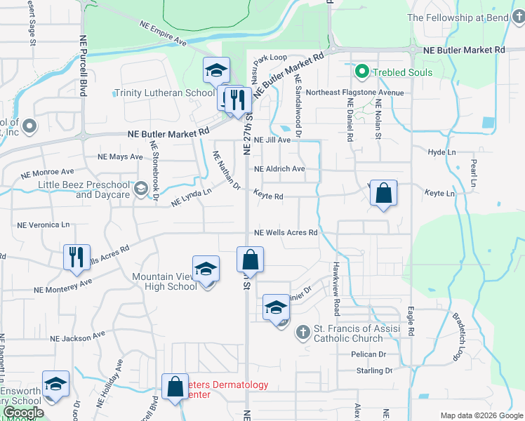 map of restaurants, bars, coffee shops, grocery stores, and more near 3094 Northeast Delmas Street in Bend