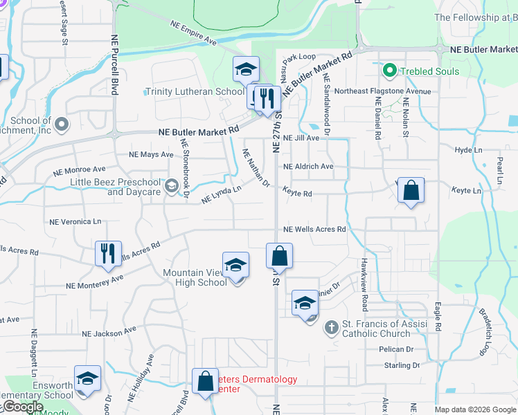 map of restaurants, bars, coffee shops, grocery stores, and more near 2673 Northeast Brandon Court in Bend
