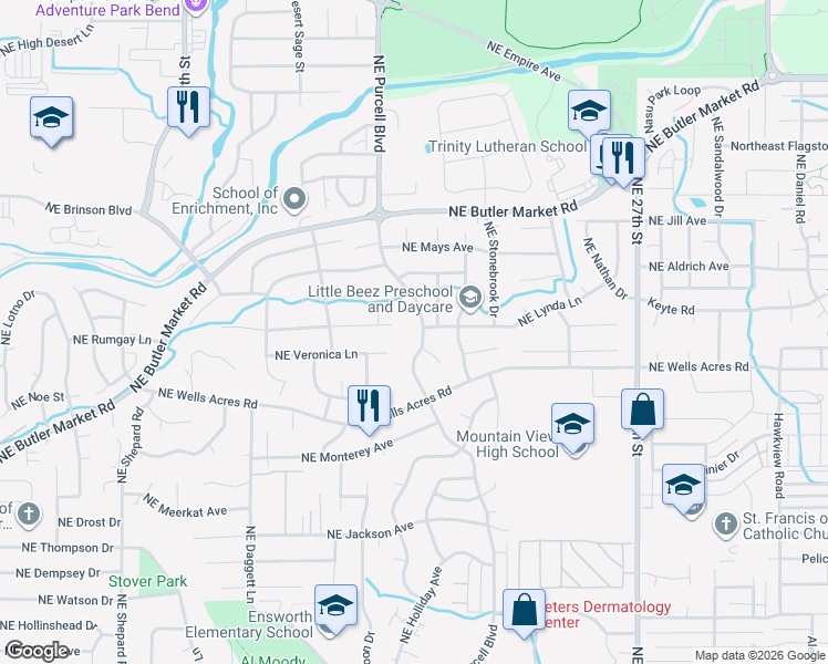 map of restaurants, bars, coffee shops, grocery stores, and more near 2195 Northeast Lynda Lane in Bend