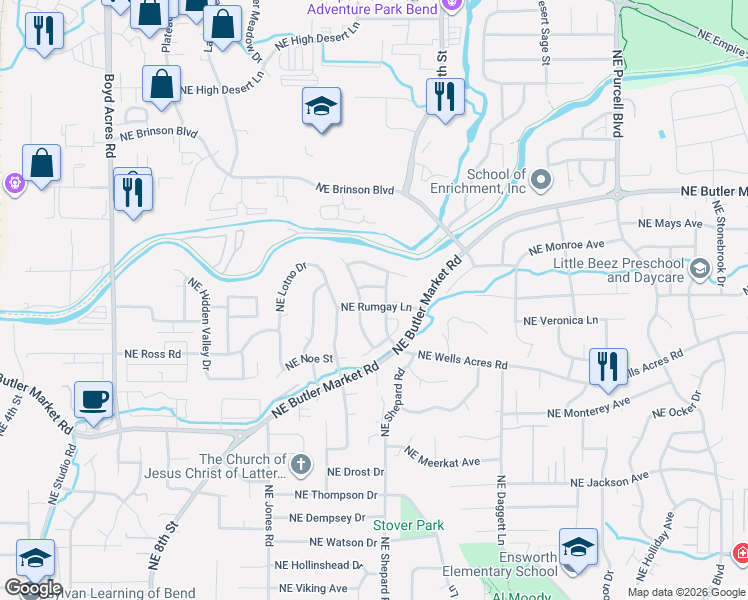 map of restaurants, bars, coffee shops, grocery stores, and more near 3005 Northeast Roxy Place in Bend