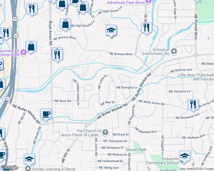map of restaurants, bars, coffee shops, grocery stores, and more near 3023 Northeast Waller Drive in Bend