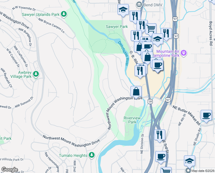 map of restaurants, bars, coffee shops, grocery stores, and more near 3061 Northwest Clubhouse Drive in Bend