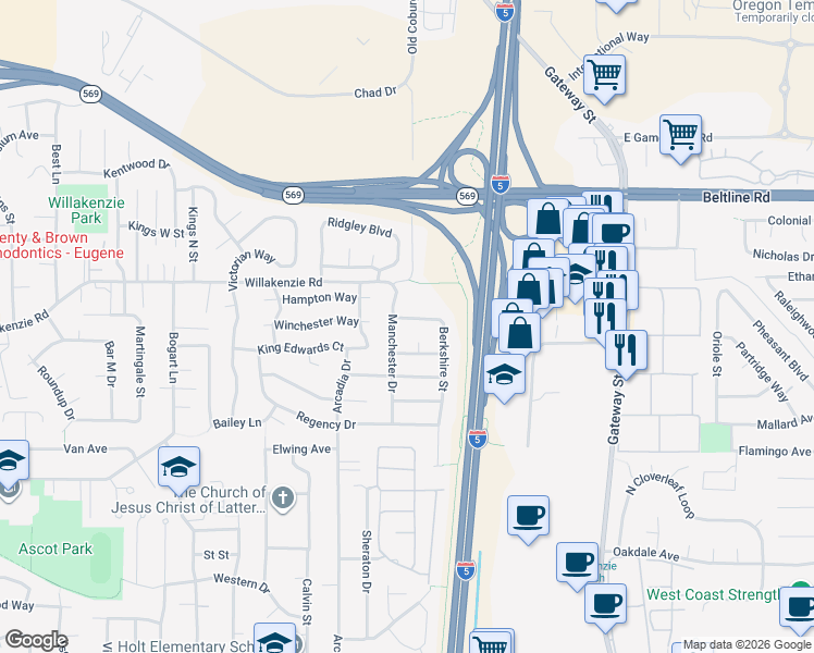 map of restaurants, bars, coffee shops, grocery stores, and more near 3540 Berkshire Street in Eugene