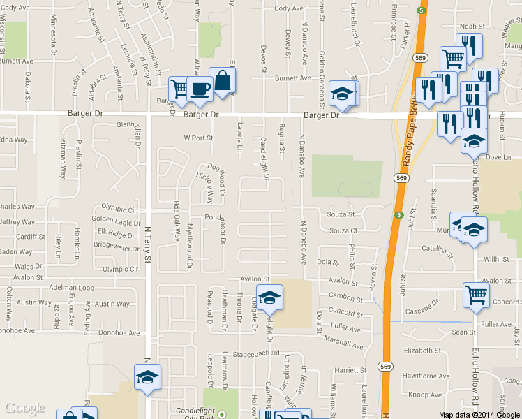 map of restaurants, bars, coffee shops, grocery stores, and more near 1400 Candlelight Drive in Eugene