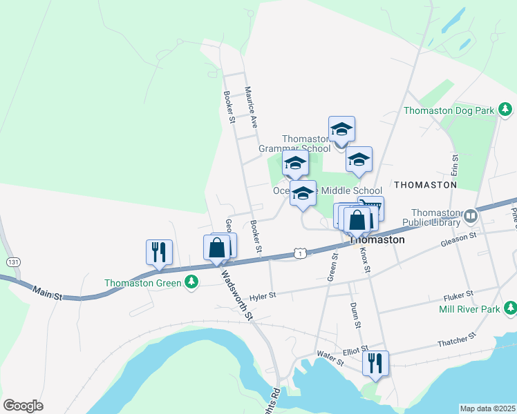 map of restaurants, bars, coffee shops, grocery stores, and more near 33 Booker Street in Thomaston