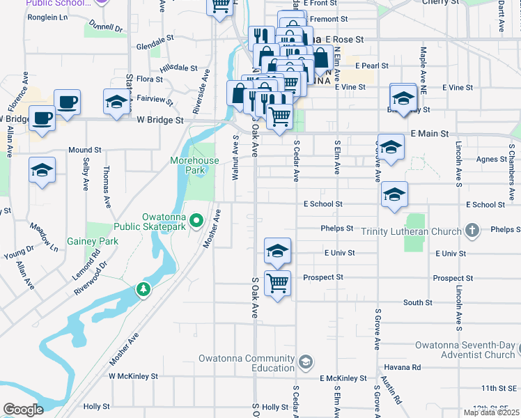 map of restaurants, bars, coffee shops, grocery stores, and more near 139 West School Street in Owatonna