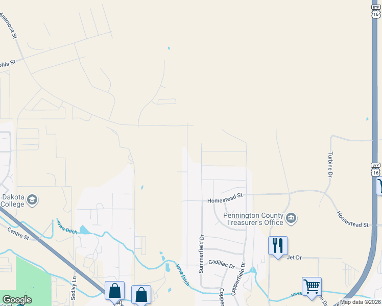 map of restaurants, bars, coffee shops, grocery stores, and more near 1021 Summerfield Drive in Rapid City