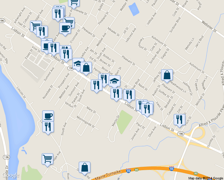 map of restaurants, bars, coffee shops, grocery stores, and more near 12 Baird Avenue in Lewiston