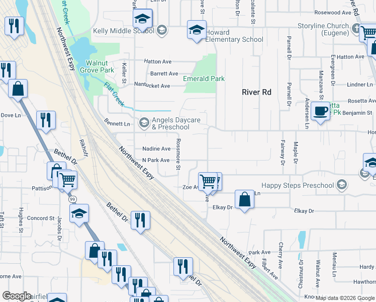 map of restaurants, bars, coffee shops, grocery stores, and more near 1087 N Park Ave in Eugene