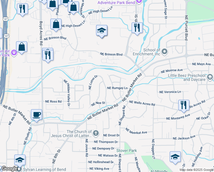 map of restaurants, bars, coffee shops, grocery stores, and more near 2967 Northeast Lotno Drive in Bend