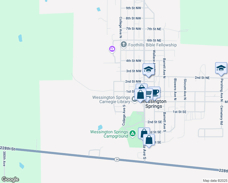 map of restaurants, bars, coffee shops, grocery stores, and more near 214 Alene Avenue North in Wessington Springs