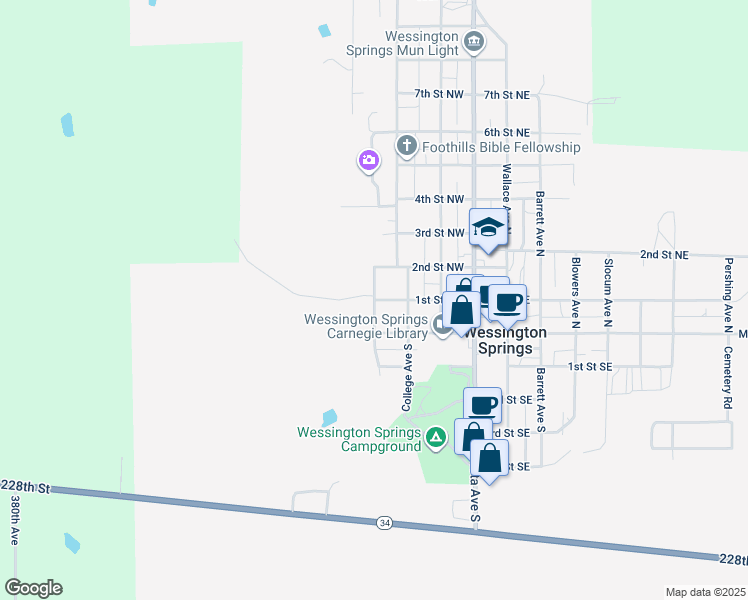 map of restaurants, bars, coffee shops, grocery stores, and more near 214 Alene Avenue North in Wessington Springs