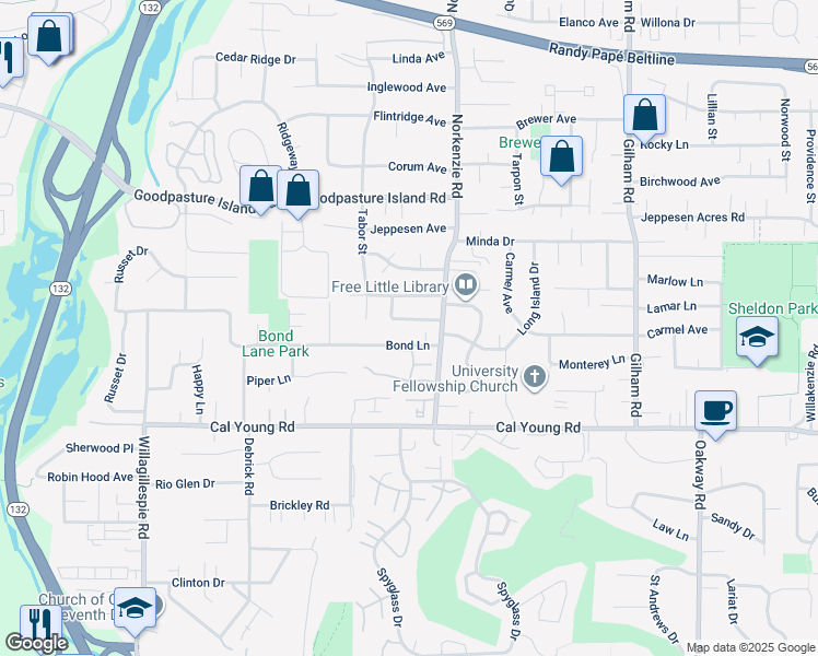 map of restaurants, bars, coffee shops, grocery stores, and more near 1560 Monterey Avenue in Eugene