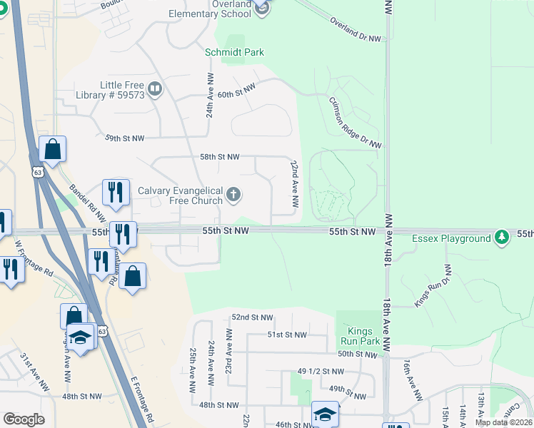 map of restaurants, bars, coffee shops, grocery stores, and more near 5517 23rd Avenue Northwest in Rochester