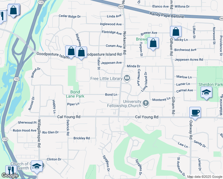 map of restaurants, bars, coffee shops, grocery stores, and more near 1560 Monterey Avenue in Eugene