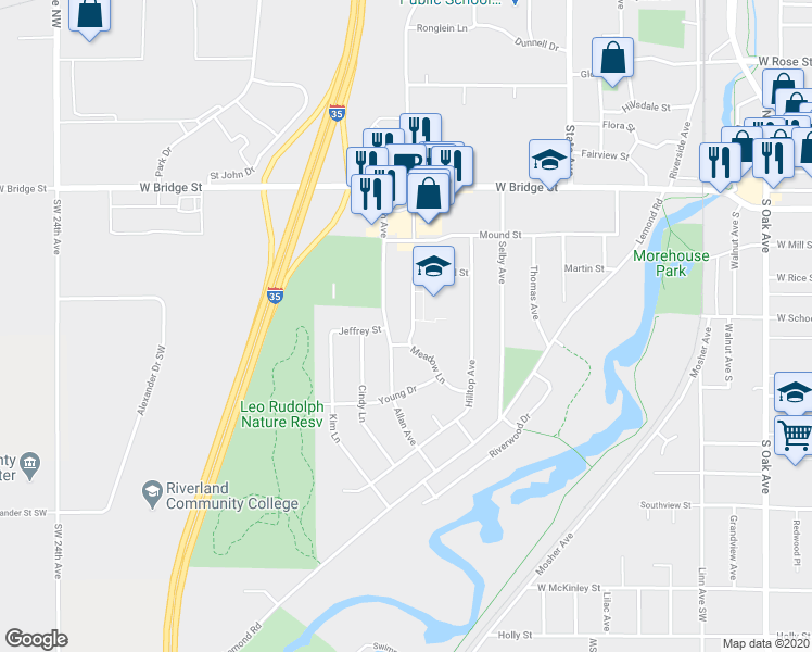 map of restaurants, bars, coffee shops, grocery stores, and more near 342 Meadow Lane in Owatonna