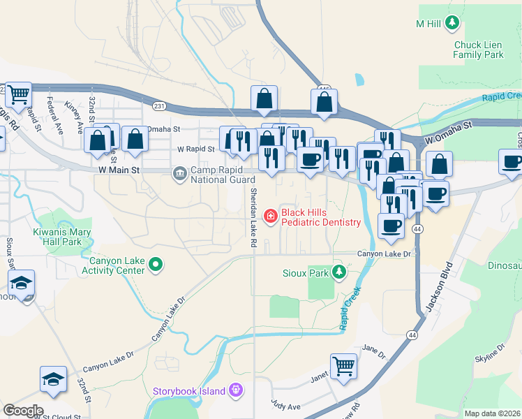 map of restaurants, bars, coffee shops, grocery stores, and more near 620 Sheridan Lake Road in Rapid City