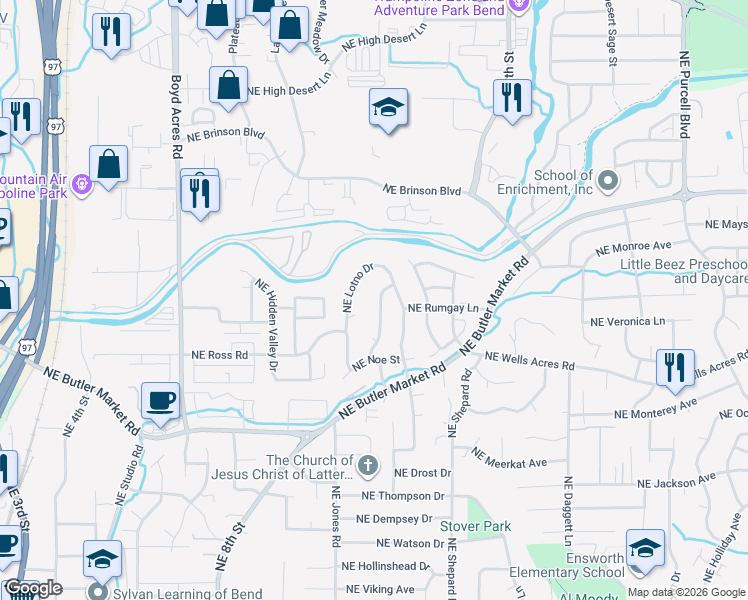 map of restaurants, bars, coffee shops, grocery stores, and more near 3023 Northeast Waller Drive in Bend