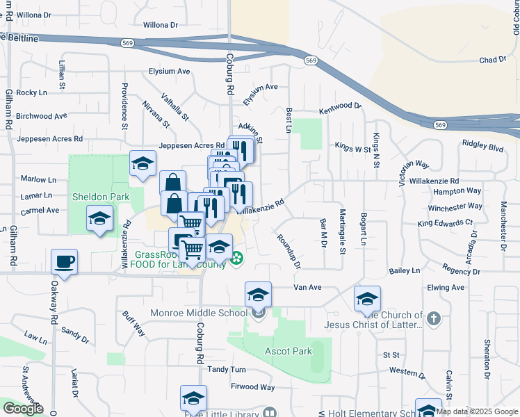 map of restaurants, bars, coffee shops, grocery stores, and more near 1600 Adkins Street in Eugene