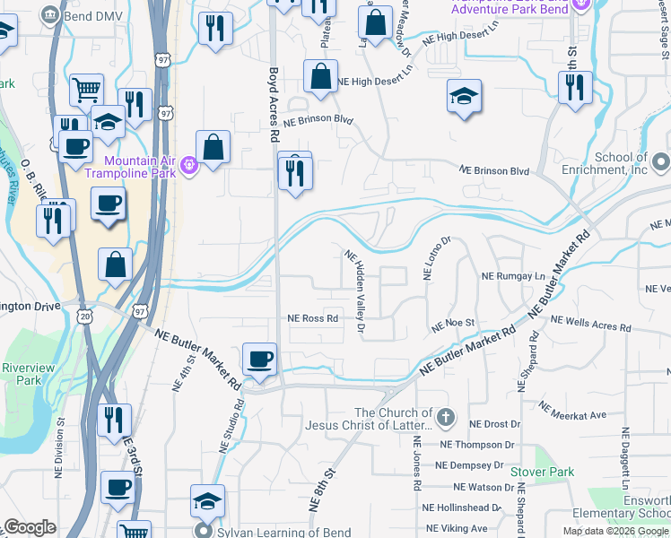map of restaurants, bars, coffee shops, grocery stores, and more near 3065 Northeast Weddell Street in Bend