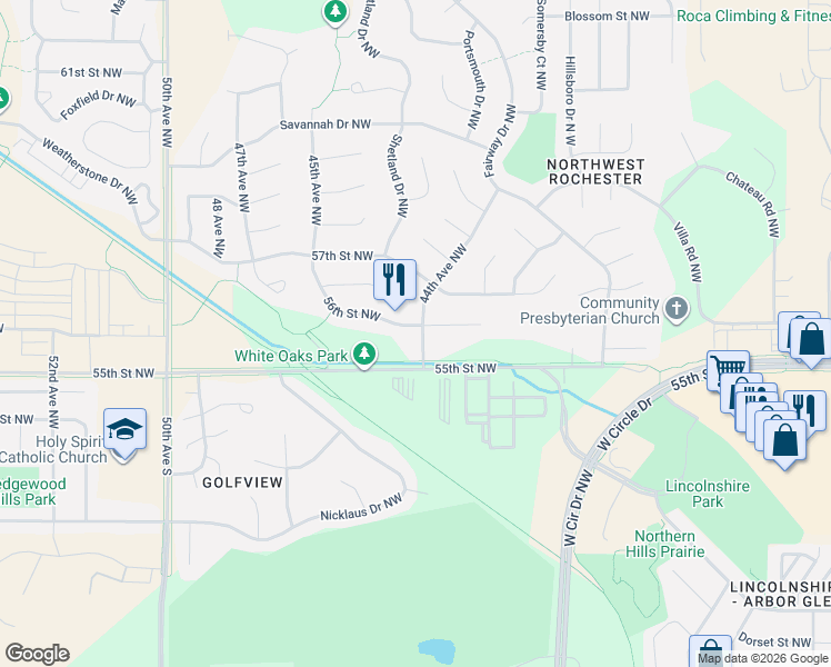map of restaurants, bars, coffee shops, grocery stores, and more near 4406 56th Street Northwest in Rochester