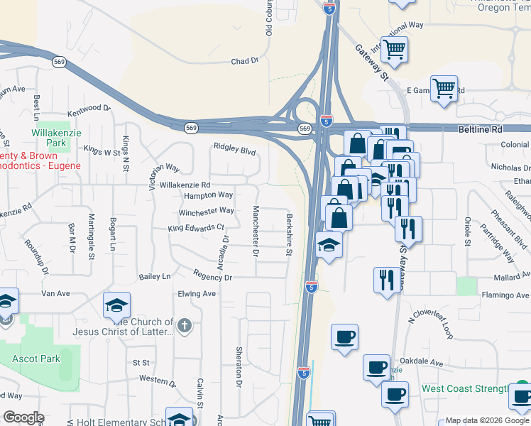 map of restaurants, bars, coffee shops, grocery stores, and more near 3528 Berkshire Street in Eugene