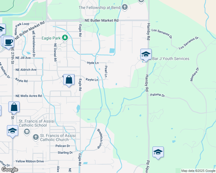 map of restaurants, bars, coffee shops, grocery stores, and more near 21473 Keyte Lane in Bend