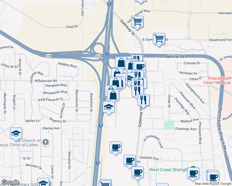 map of restaurants, bars, coffee shops, grocery stores, and more near 1186 Gateway Loop in Springfield